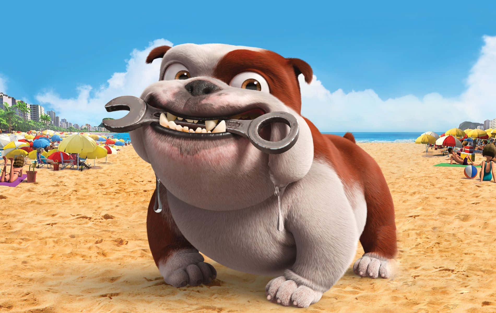 Animated Cartoon 桌布 壁紙 — 一隻卡通鬥牛犬嘴裡叼著扳手，站在陽光明媚的海灘上，背景有彩色遮陽傘和海洋。