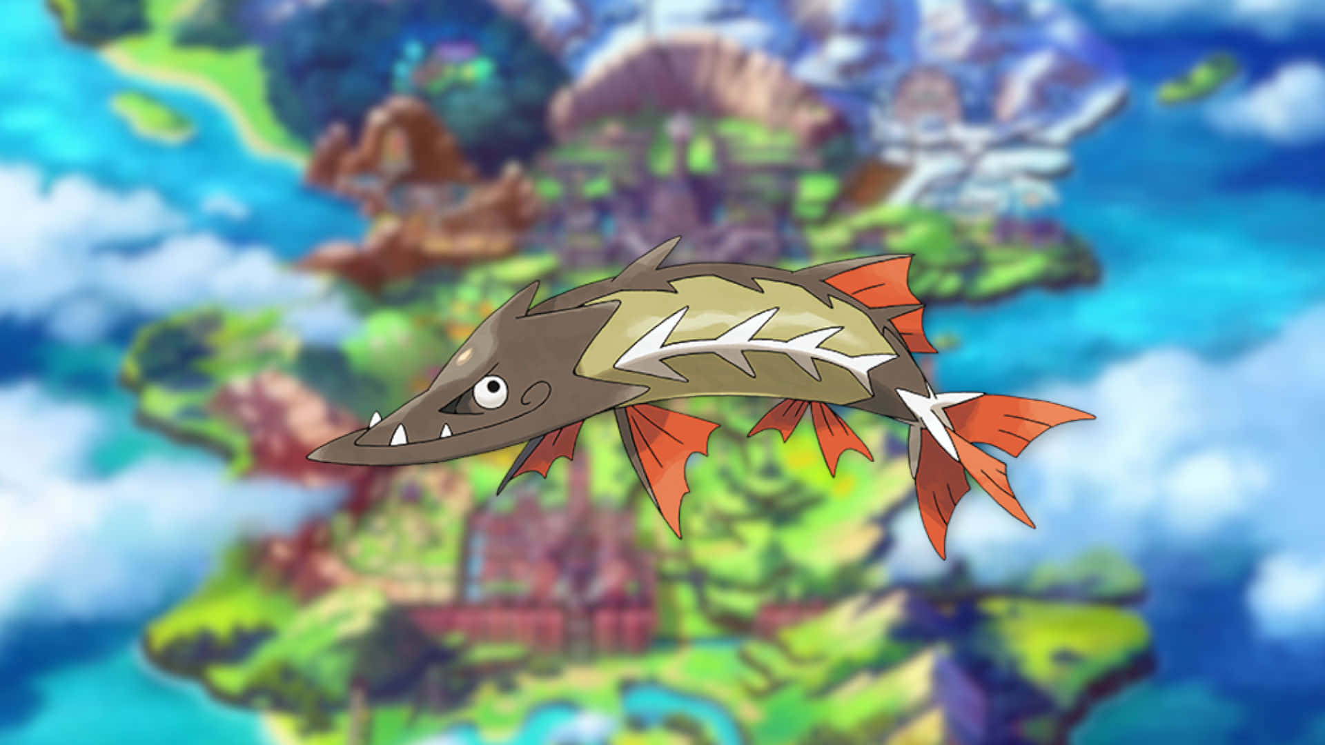 寶可夢 桌布 壁紙 — 一隻卡通魚類般的寶可夢，帶有橙色魚鰭，在色彩繽紛的浮島景觀上方翱翔。