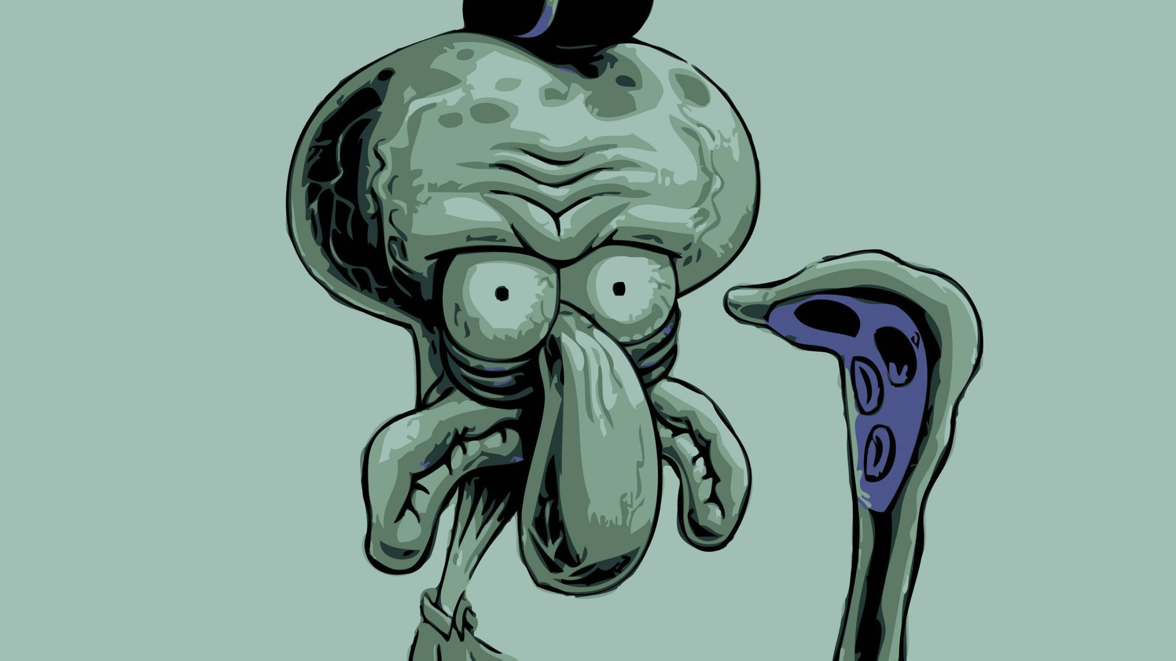 Tentacles 桌布 壁紙 — 一隻卡通魷魚，表情暴躁，鼻子長長，站在一條紫色尖端的觸手旁邊，背景是柔和的綠色。