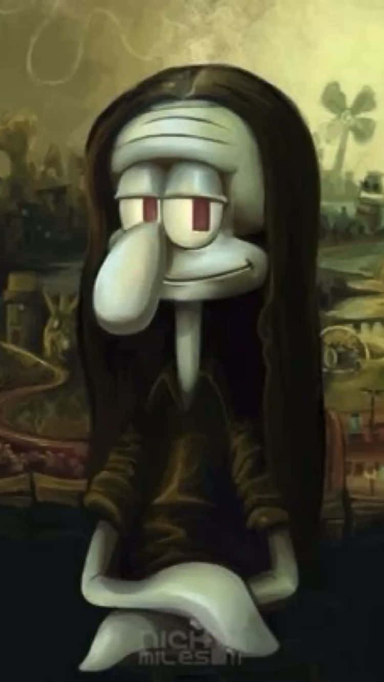 Aesthetic Squidward 桌布 壁紙 — 一隻卡通魷魚，長長的黑髮和紅色的眼睛，坐在一個燈光昏暗、陰森的小鎮上，背景有一座風車。