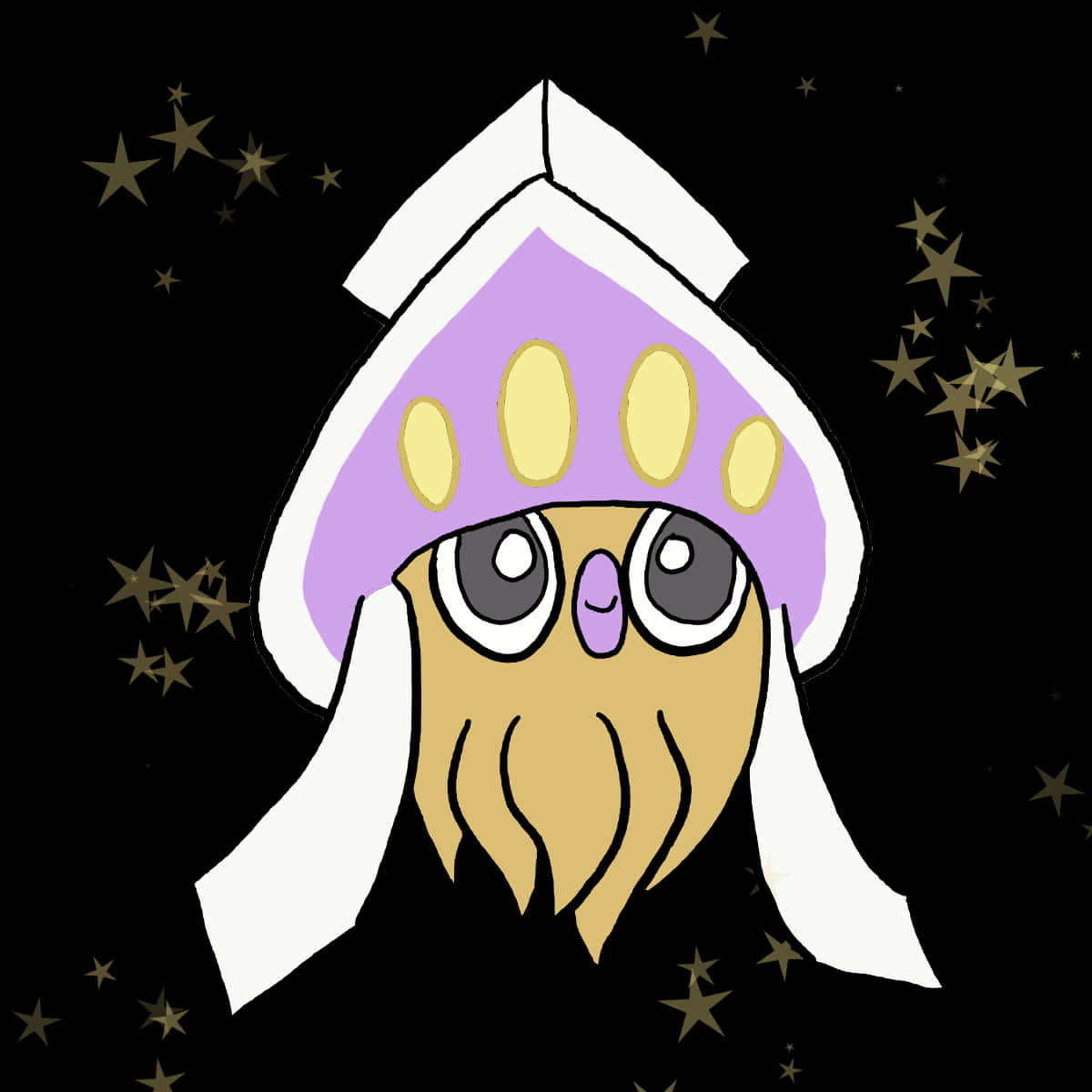 藝術 桌布 壁紙 — 一隻卡通魷魚戴著紫色帽子和黃色斑點，在星光閃爍的黑色背景上睜大眼睛凝視。