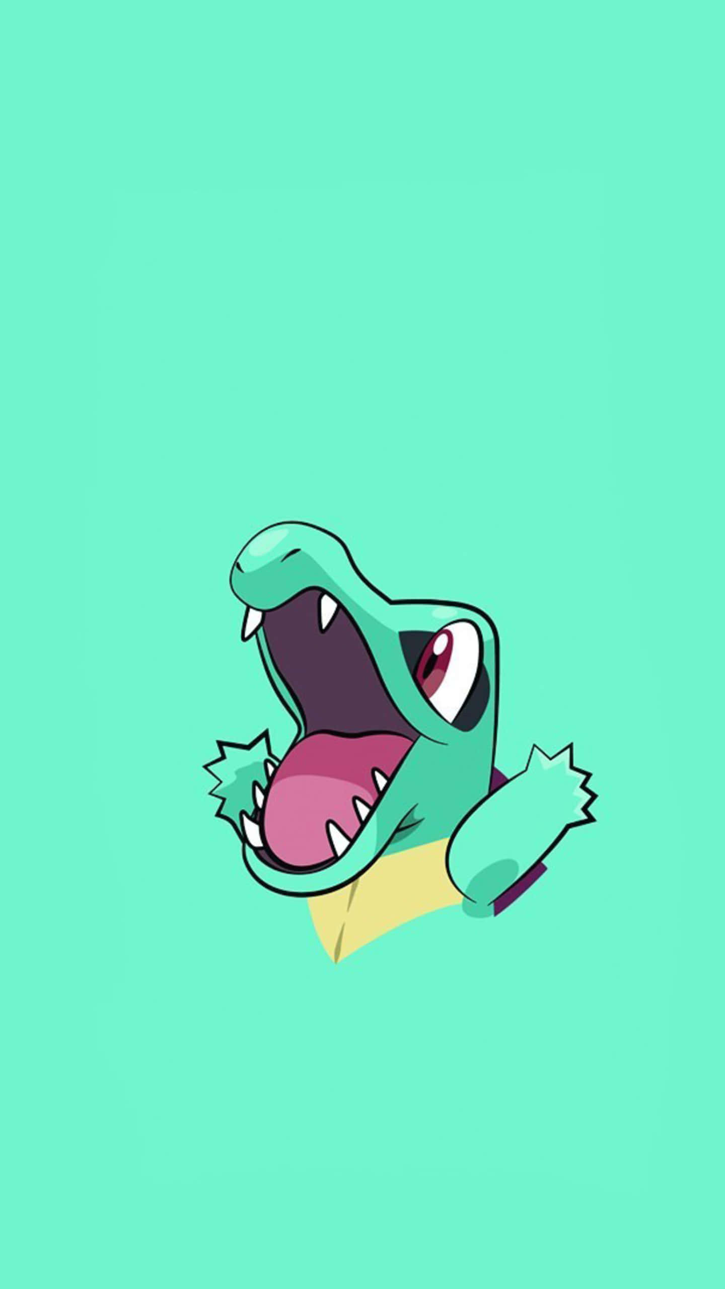 Pokémon 手機 桌布 壁紙 — 一隻卡通鱷魚，有著鋒利的牙齒和大眼睛，在純薄荷綠色背景上彈出。