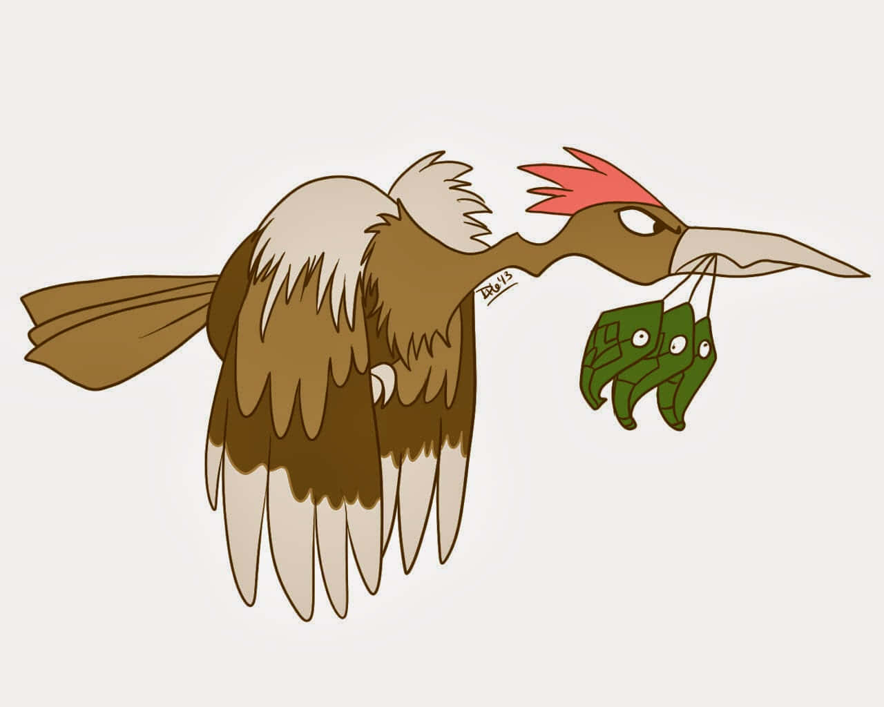 Spearow 桌布 壁紙 — 一隻卡通鳥，有棕色和白色的羽毛和紅色冠，喙裡叼著三隻綠色葉狀生物，背景是純色。