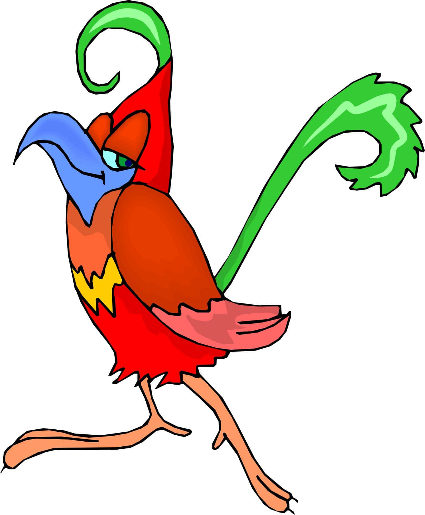Kawaii Bird 桌布 壁紙 — 一隻卡通鳥，有藍色喙、紅色身體、綠色尾巴和黃色閃電，單腳站立。
