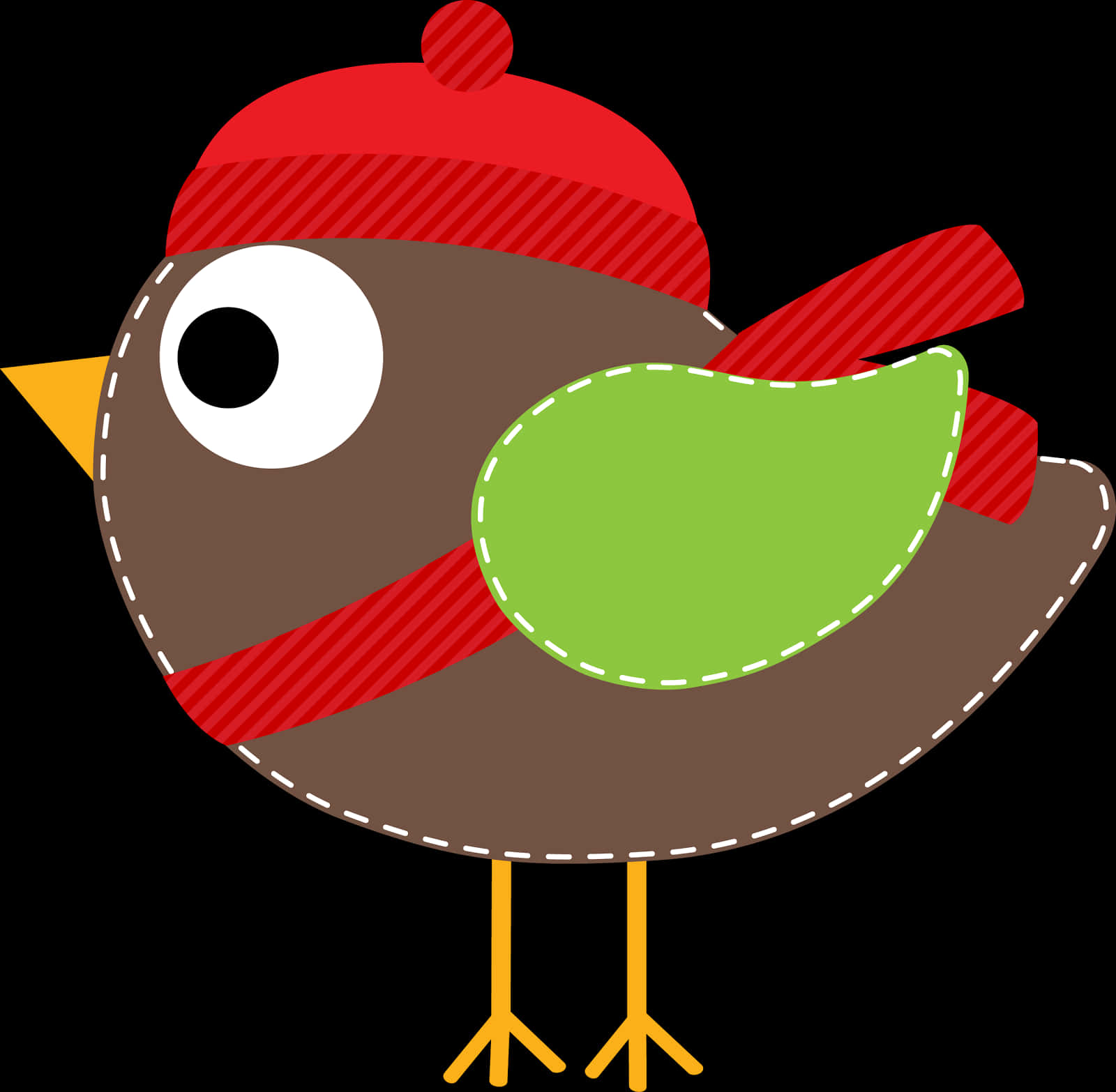 Clip Art 桌布 壁紙 — 一隻卡通鳥戴著紅色條紋帽子和圍巾，翅膀上有綠色補丁，站在黑色背景前。