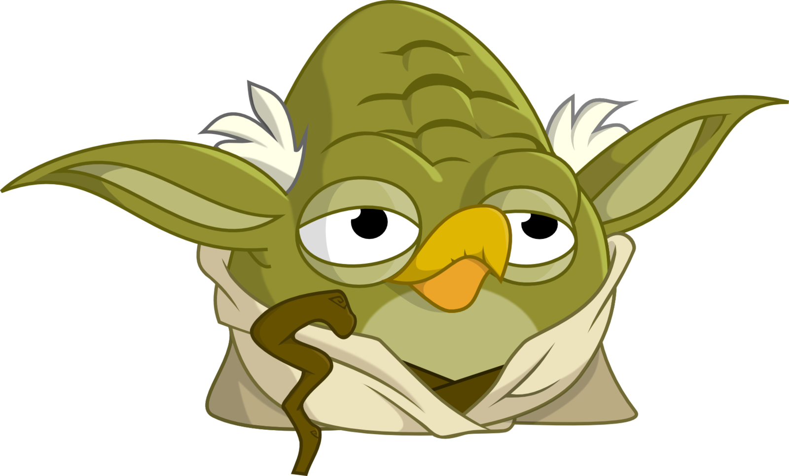 Yoda 桌布 壁紙 — 一隻卡通鳥擁有尤達的臉和耳朵，在黑色背景前拿著一根杖。