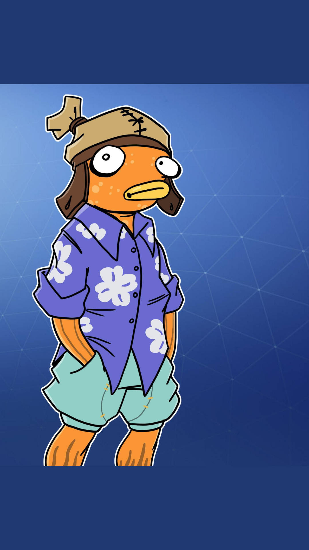 Fishstick 桌布 壁紙 — 一隻卡通鴨子，頭部纏著繃帶，身穿夏威夷襯衫，站在帶有幾何線條的藍色漸變背景前。