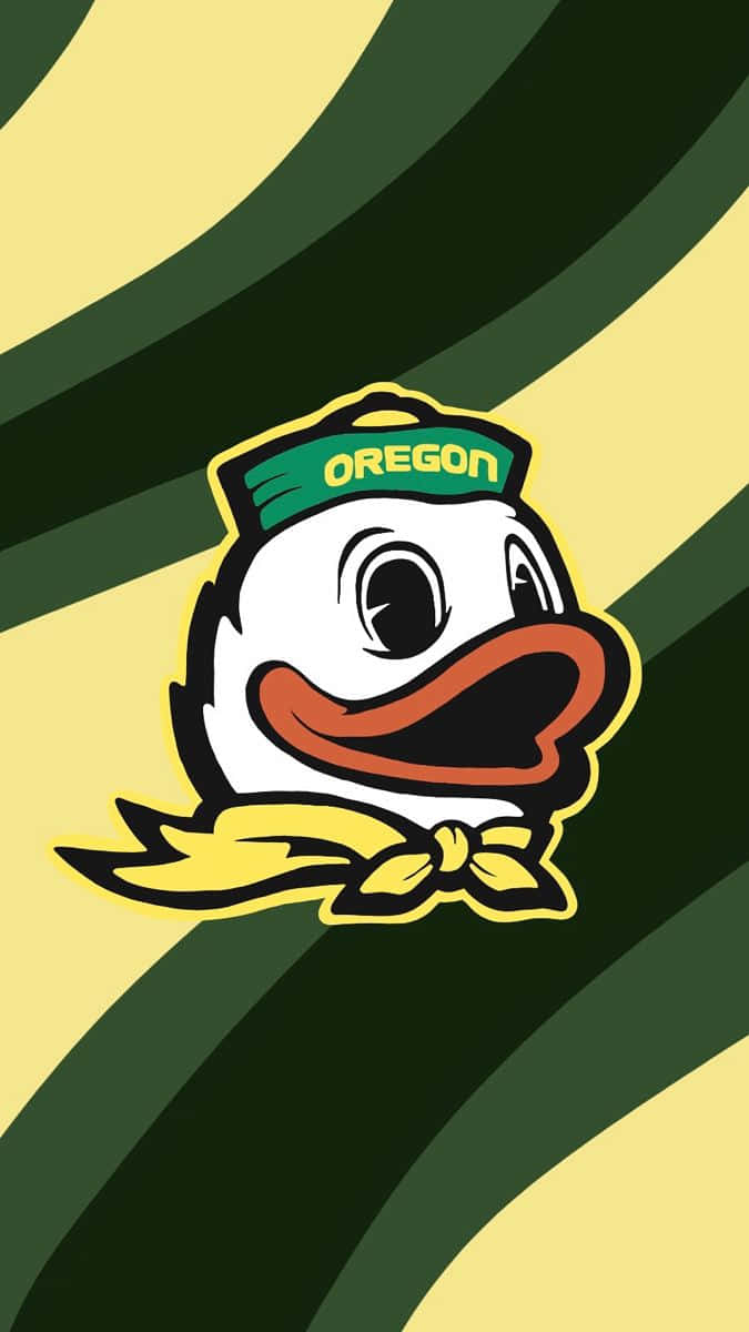 Oregon Ducks 桌布 壁紙 — 一隻卡通鴨子吉祥物，戴著寫有 Oregon 的綠色帽子，打著黃色領結，背景是綠色和黃色條紋。