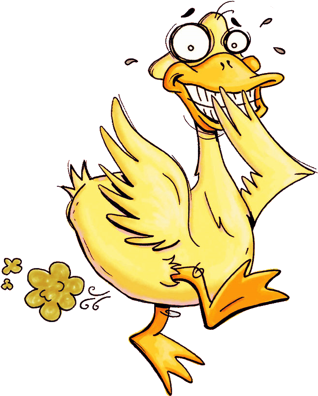 Fart 桌布 壁紙 — 一隻卡通鴨子咧嘴大笑，一隻手托著下巴，站在黑色背景前，附近有一朵小黃花。