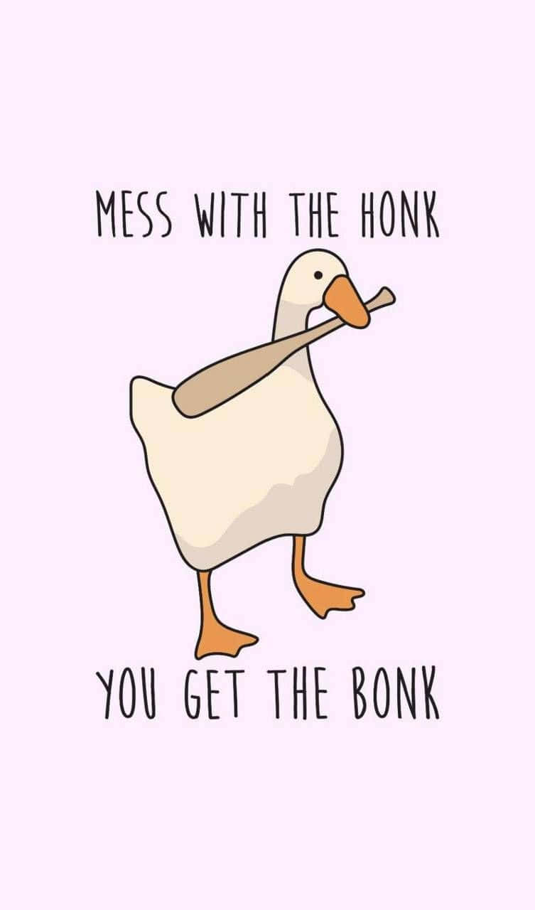 動物 桌布 壁紙 — 一隻卡通鵝拿著棒球棍，上面寫著「mess with the honk you get the bonk」，背景是淺紫色。
