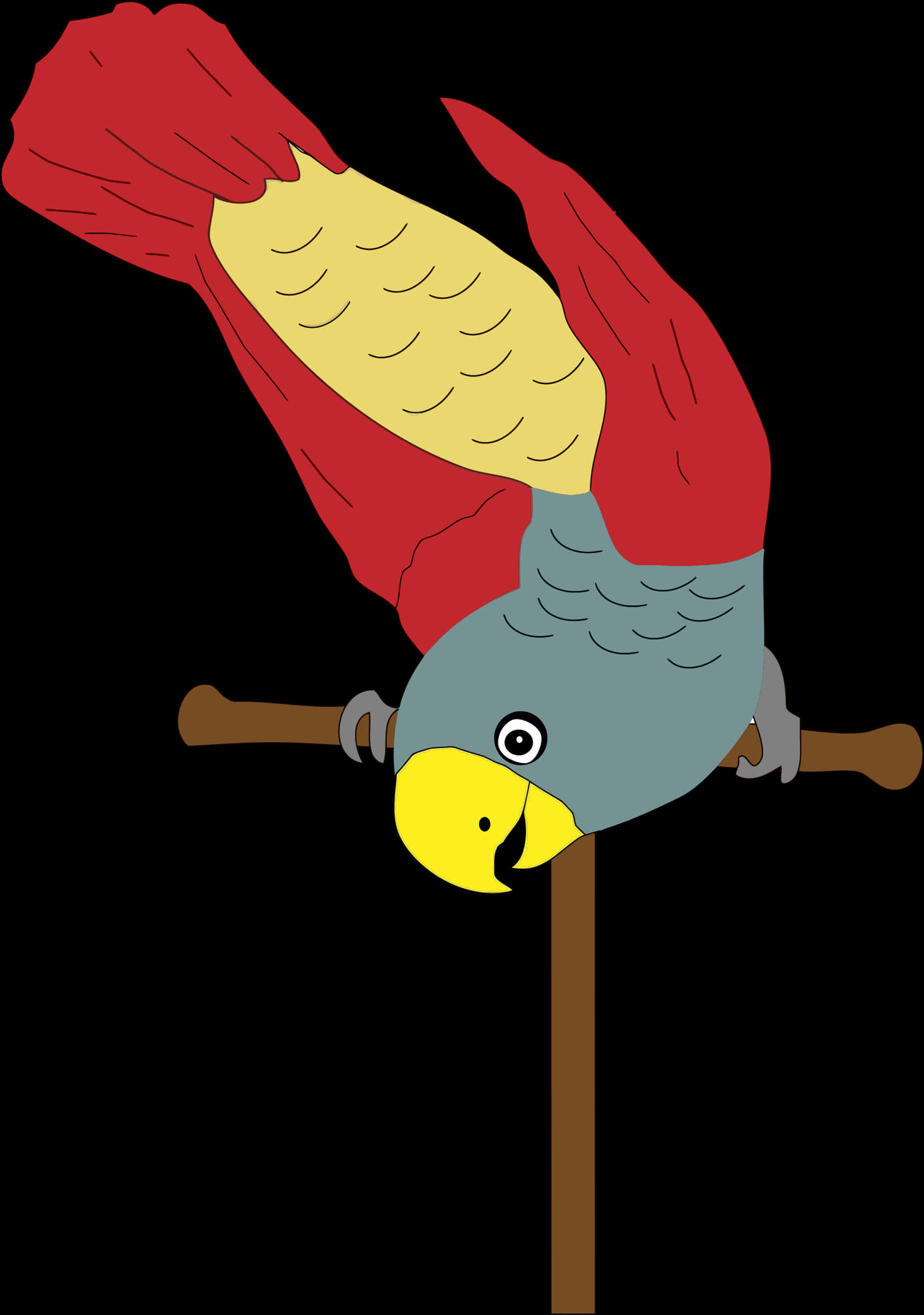 Clip Art 桌布 壁紙 — 一隻卡通鸚鵡，有紅色翅膀、黃色胸部和灰色身體，倒掛在黑色背景的棕色樹枝上。