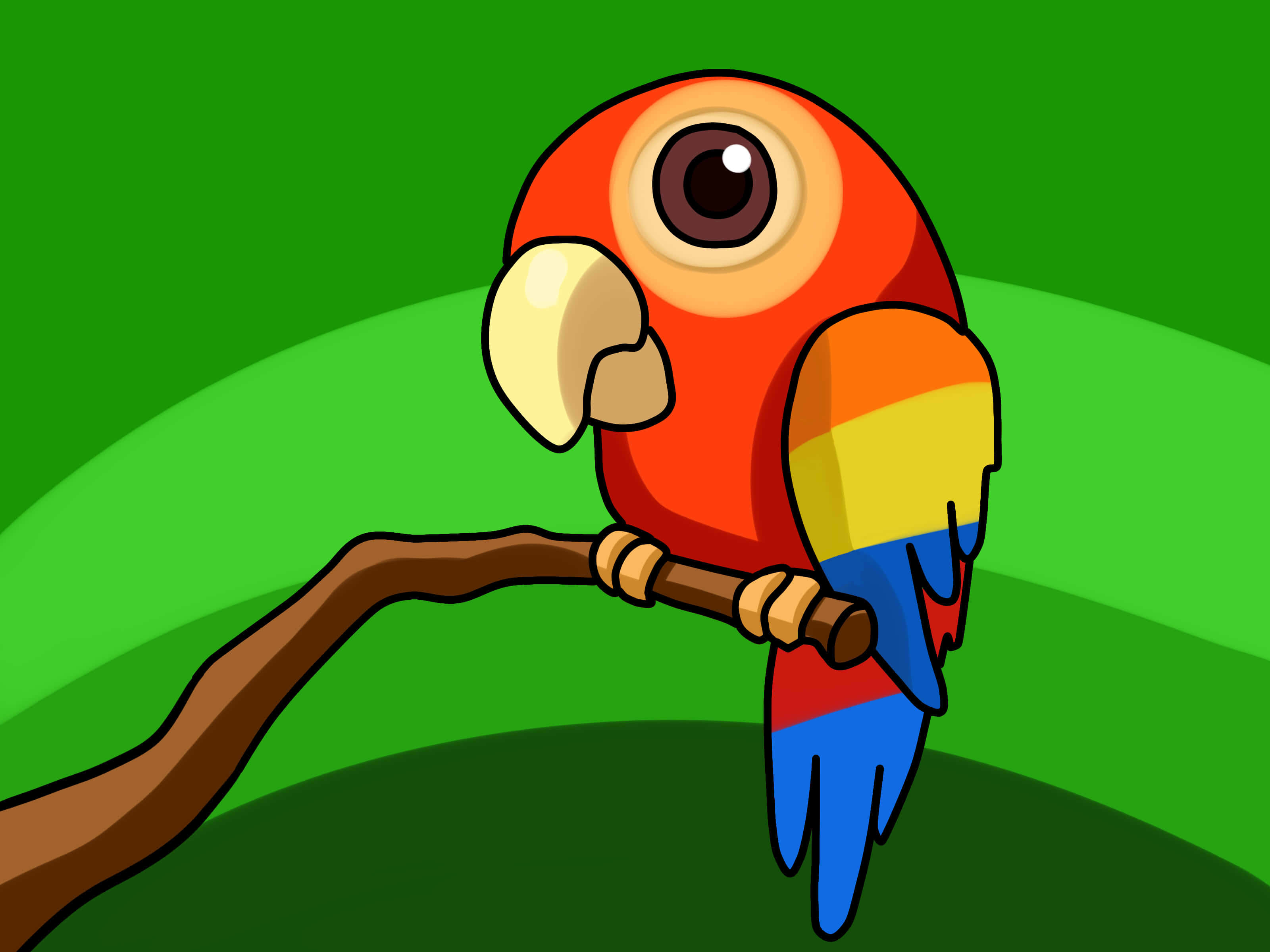parrot 桌布 壁紙 — 一隻卡通鸚鵡，羽毛有紅色、橙色、黃色和藍色，棲息在棕色的樹枝上，背景是充滿活力的綠色漸變。