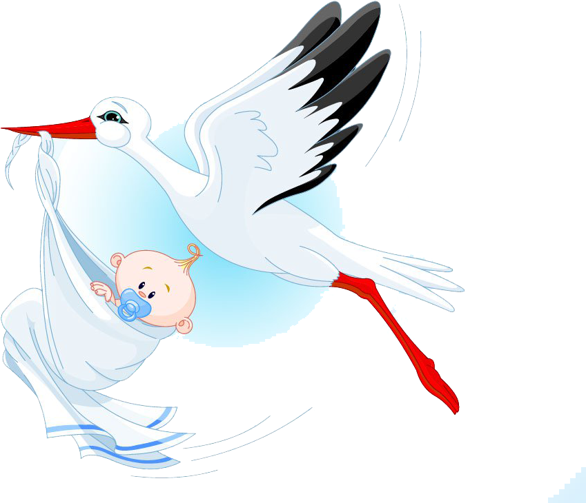 storks 桌布 壁紙 — 一隻卡通鸛鳥，紅色喙和腿，飛翔時叼著一個裹著襁褓、含著奶嘴的嬰兒。