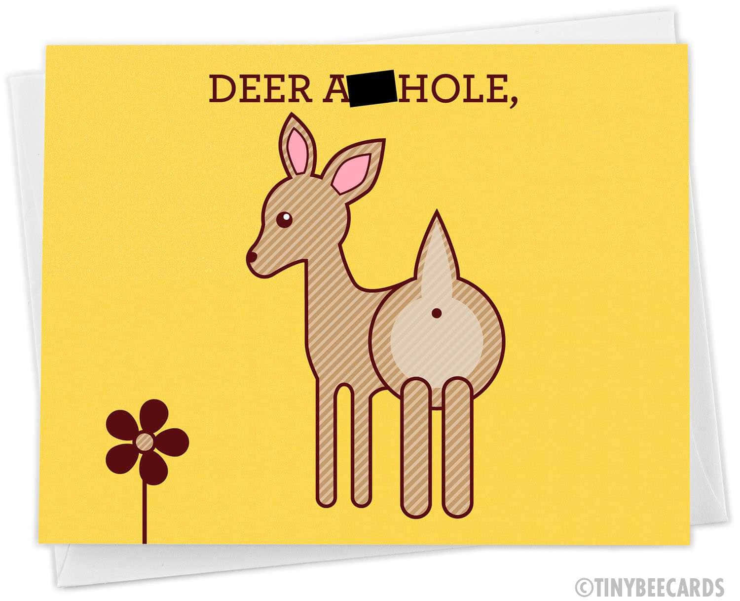 Funny Deer 桌布 壁紙 — 一隻卡通鹿，在明亮的黃色背景上，臀部有一個幽默的雙關語，旁邊有一朵小花。