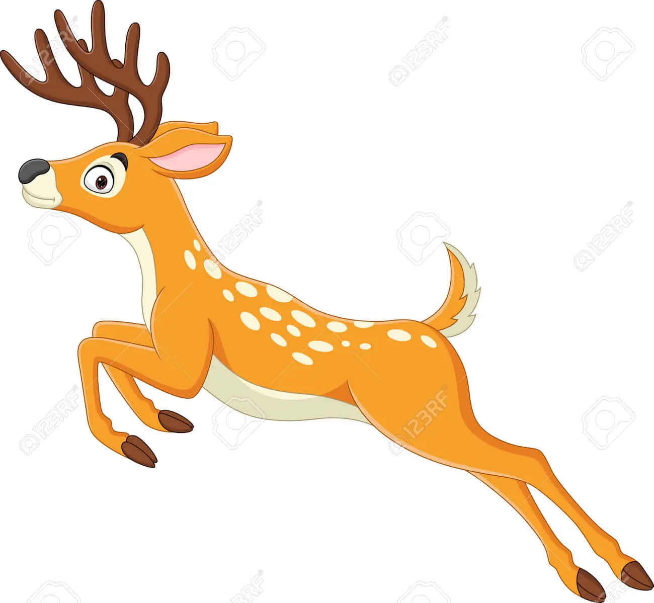 Funny Deer 桌布 壁紙 — 一隻卡通鹿，有橙色毛、白色斑點和棕色鹿角，在純白色背景上歡快地跳躍。