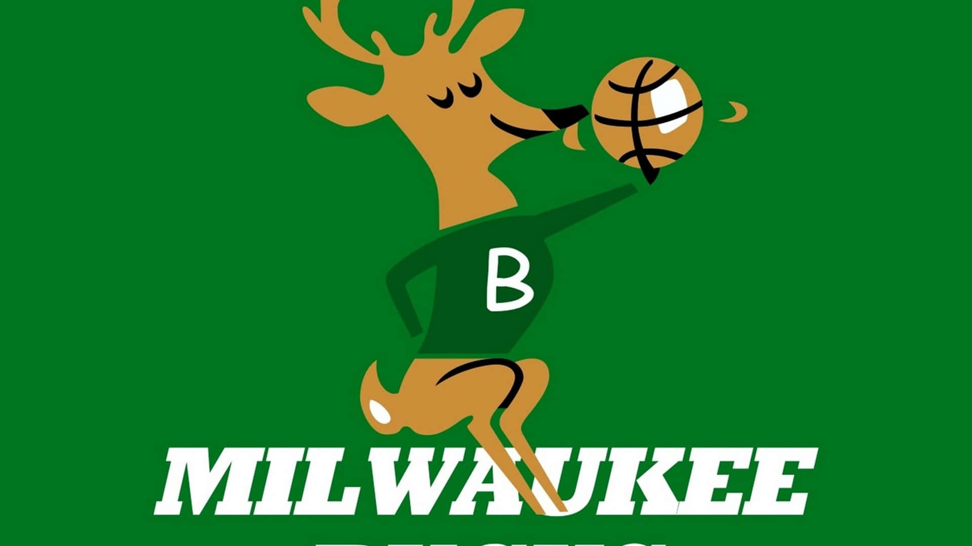 Milwaukee Bucks Logo 桌布 壁紙 — 一隻卡通鹿穿著綠色球衣，在純綠色背景上運球，並帶有'MILWAUKEE BUCKS'文字。