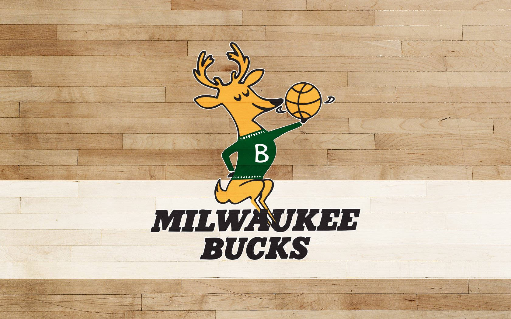 Bucks 桌布 壁紙 — 一隻卡通鹿穿著綠色球衣在木地板上運籃球，下方有「Milwaukee Bucks」文字。