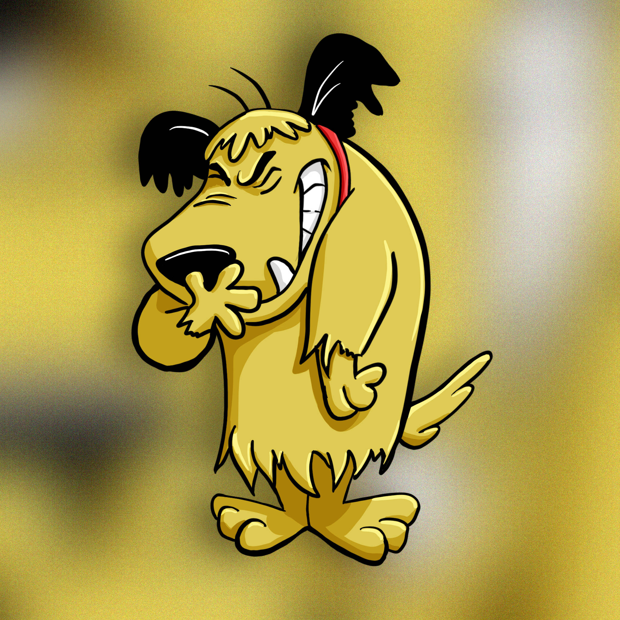 Muttley 桌布 壁紙 — 一隻卡通黃狗，黑色耳朵，紅色項圈，一隻爪子捂著嘴，在金色漸變背景前狂笑。