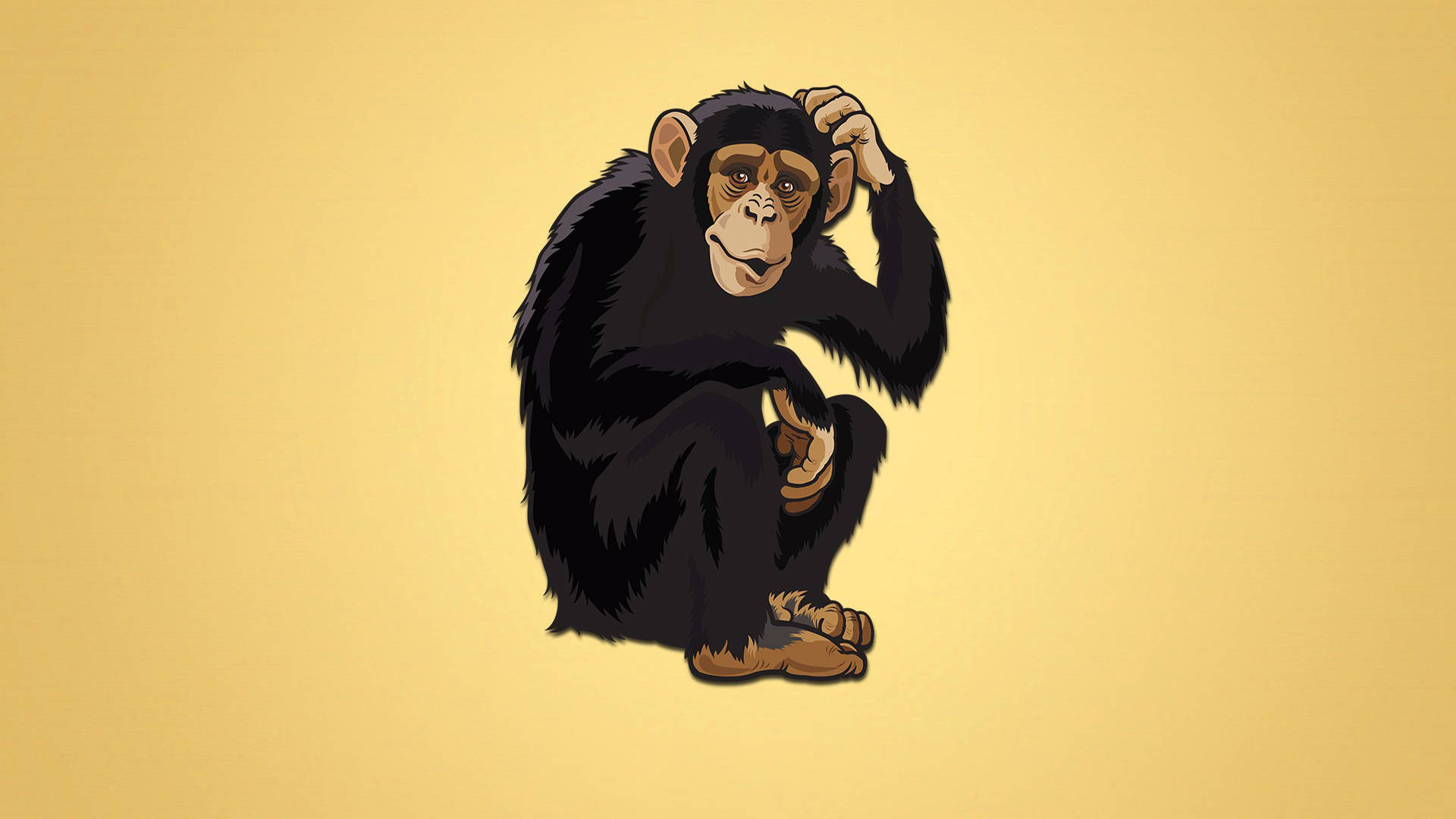 Chimpanzee 桌布 壁紙 — 一隻卡通黑猩猩坐在純黃色背景前，手托著頭，擺出沉思的姿勢。