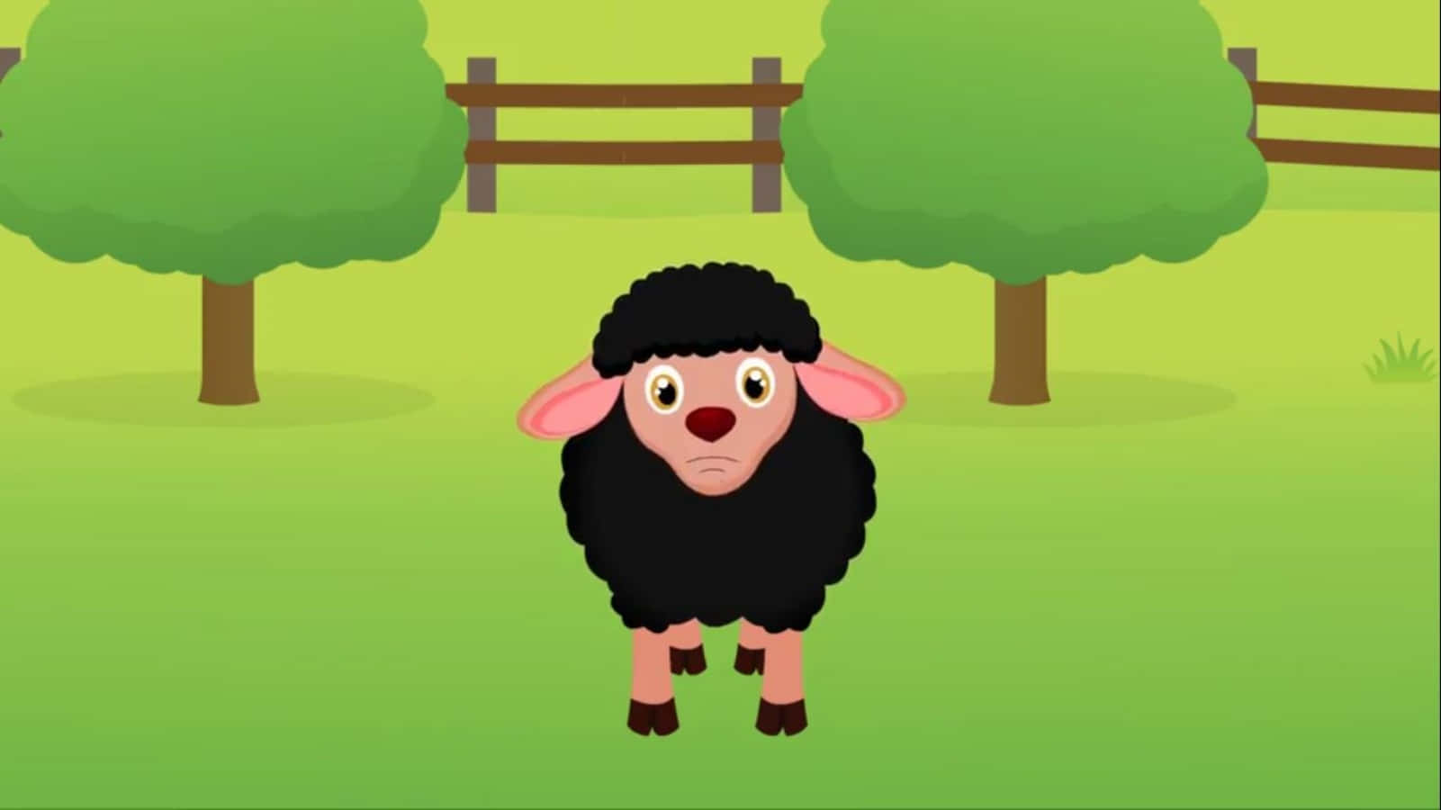 Black Sheep 桌布 壁紙 — 一隻卡通黑羊，有粉紅色耳朵，站在綠色田野中，兩棵樹和一個木柵欄之間。