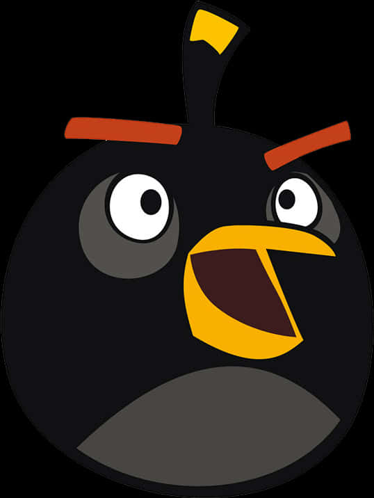Angry Bird 桌布 壁紙 — 一隻卡通黑色鳥，有紅色眉毛、黃色喙，在黑色背景上露出憤怒表情。