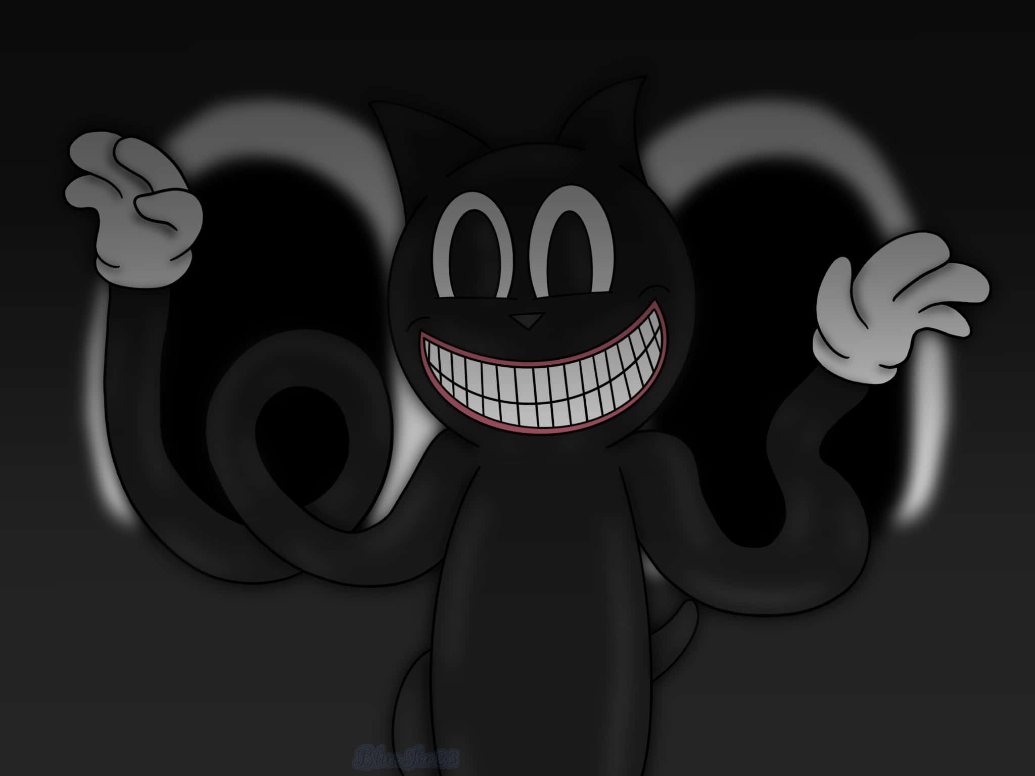 Cartoon Cat Scary 桌布 壁紙 — 一隻卡通黑貓，有著寬闊的露齒笑容和發光的白色眼睛，在黑暗背景下愉快地揮手。