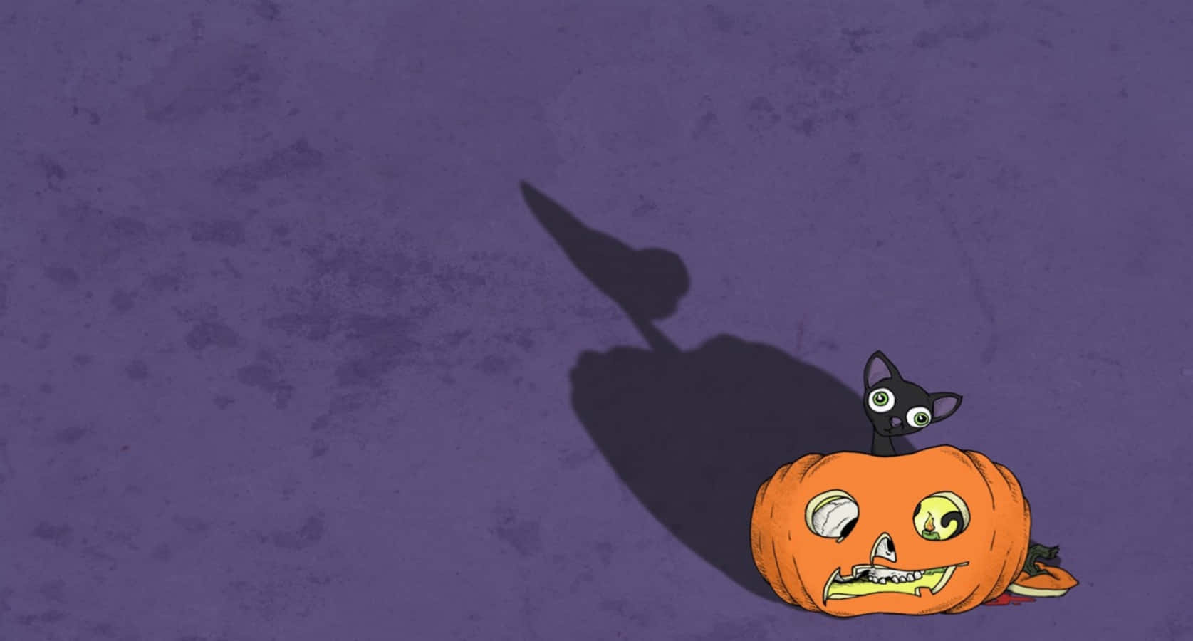 Halloween Cat 桌布 壁紙 — 一隻卡通黑貓睜大眼睛棲息在一個咧嘴笑的橙色南瓜上，在南瓜後方投射出蝙蝠形狀的影子，背景為紫色紋理。