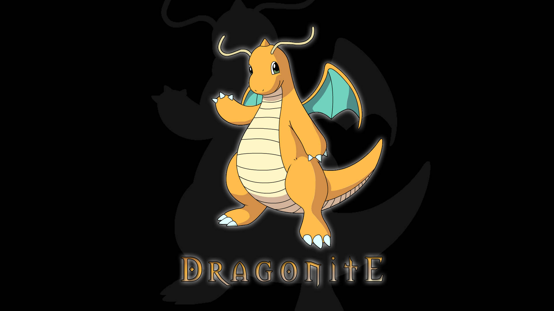 Dragonite 桌布 壁紙 — 一隻卡通龍，橙色身體，藍色翅膀，白色腹部，站在黑色背景前，下方有名字。