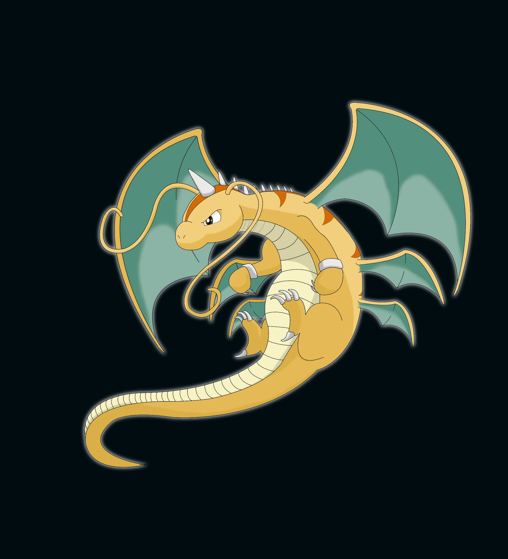 Dragonite 桌布 壁紙 — 一隻卡通龍，黃色身體、綠色翅膀和白色角，在深色背景上滑翔。