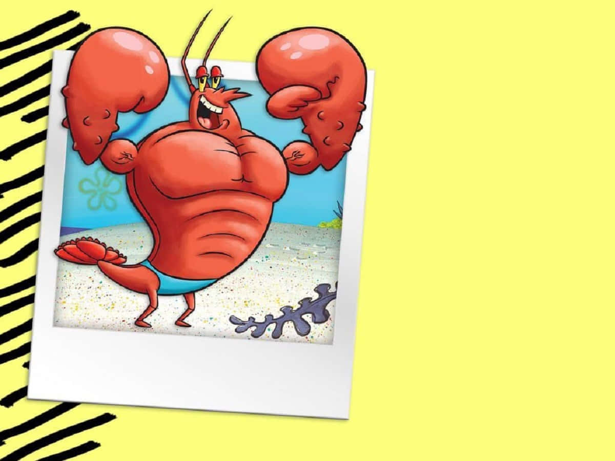 Larry The Lobster 桌布 壁紙 — 一隻卡通龍蝦在帶有黑色條紋的亮黃色背景上的拍立得相框內展示肌肉。