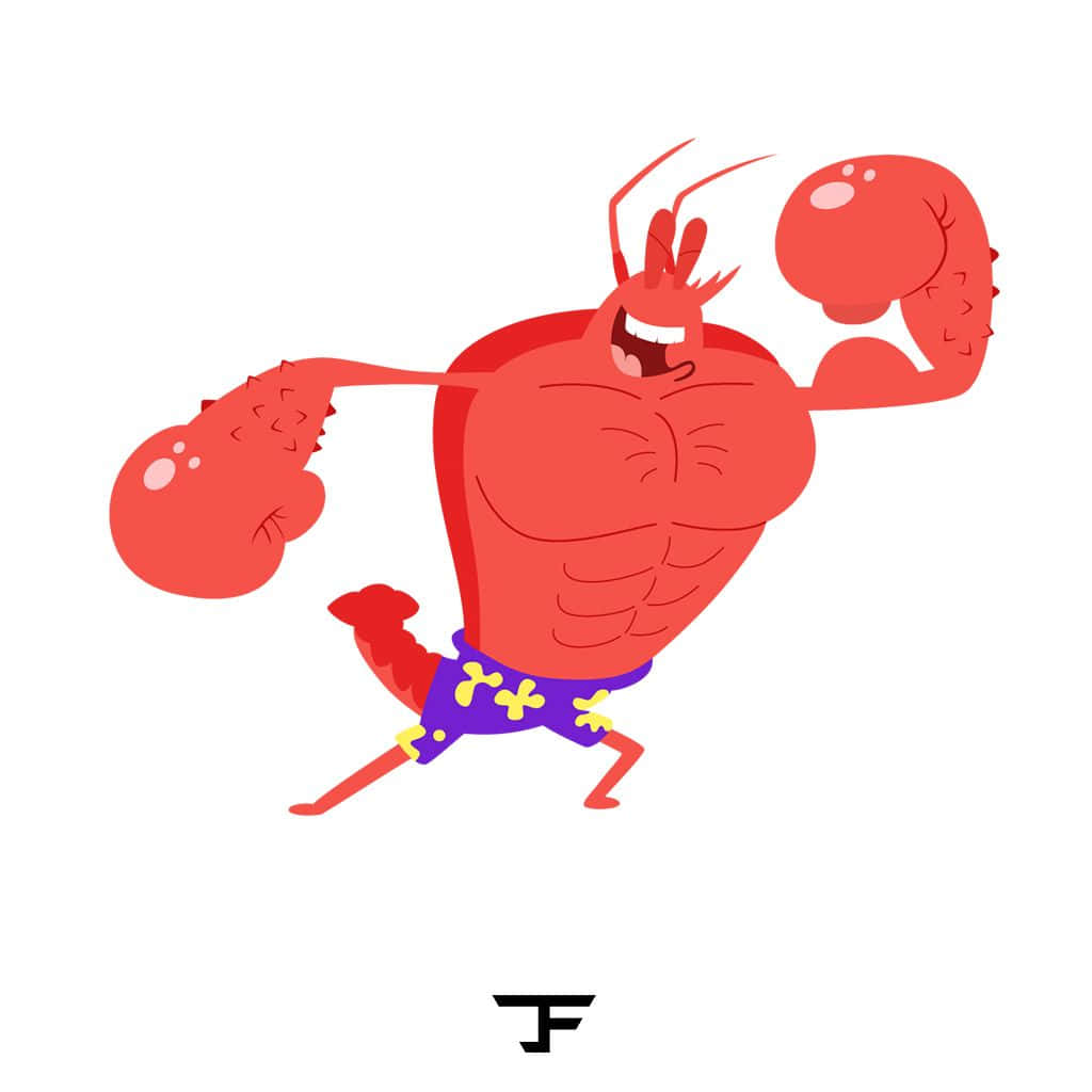Larry The Lobster 桌布 壁紙 — 一隻卡通龍蝦在純白色背景上彎曲其肌肉發達的手臂，穿著帶有黃色花朵的紫色短褲。