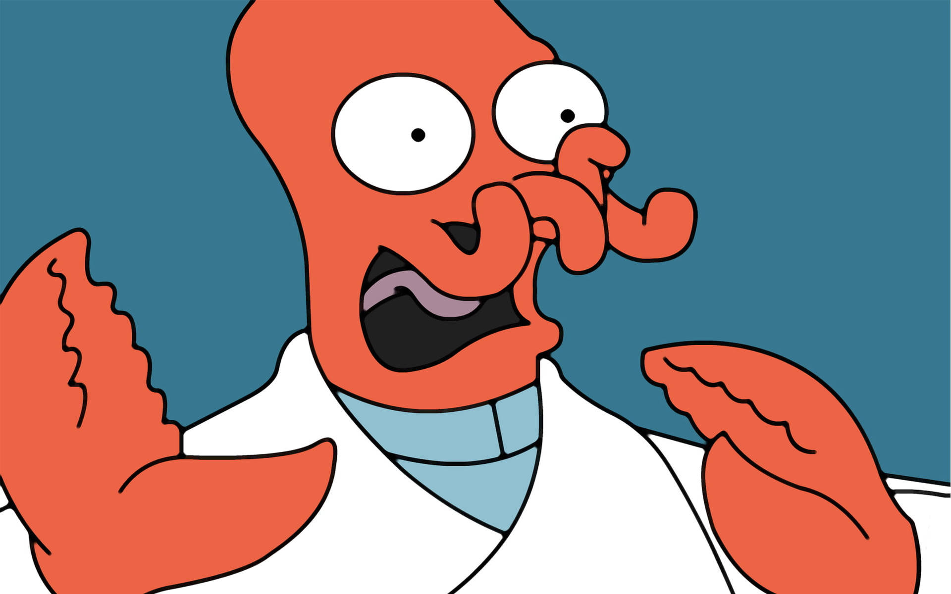 Futurama 桌布 壁紙 — 一隻卡通龍蝦穿著白色實驗袍，瞪大眼睛張開嘴巴，背景為青綠色。