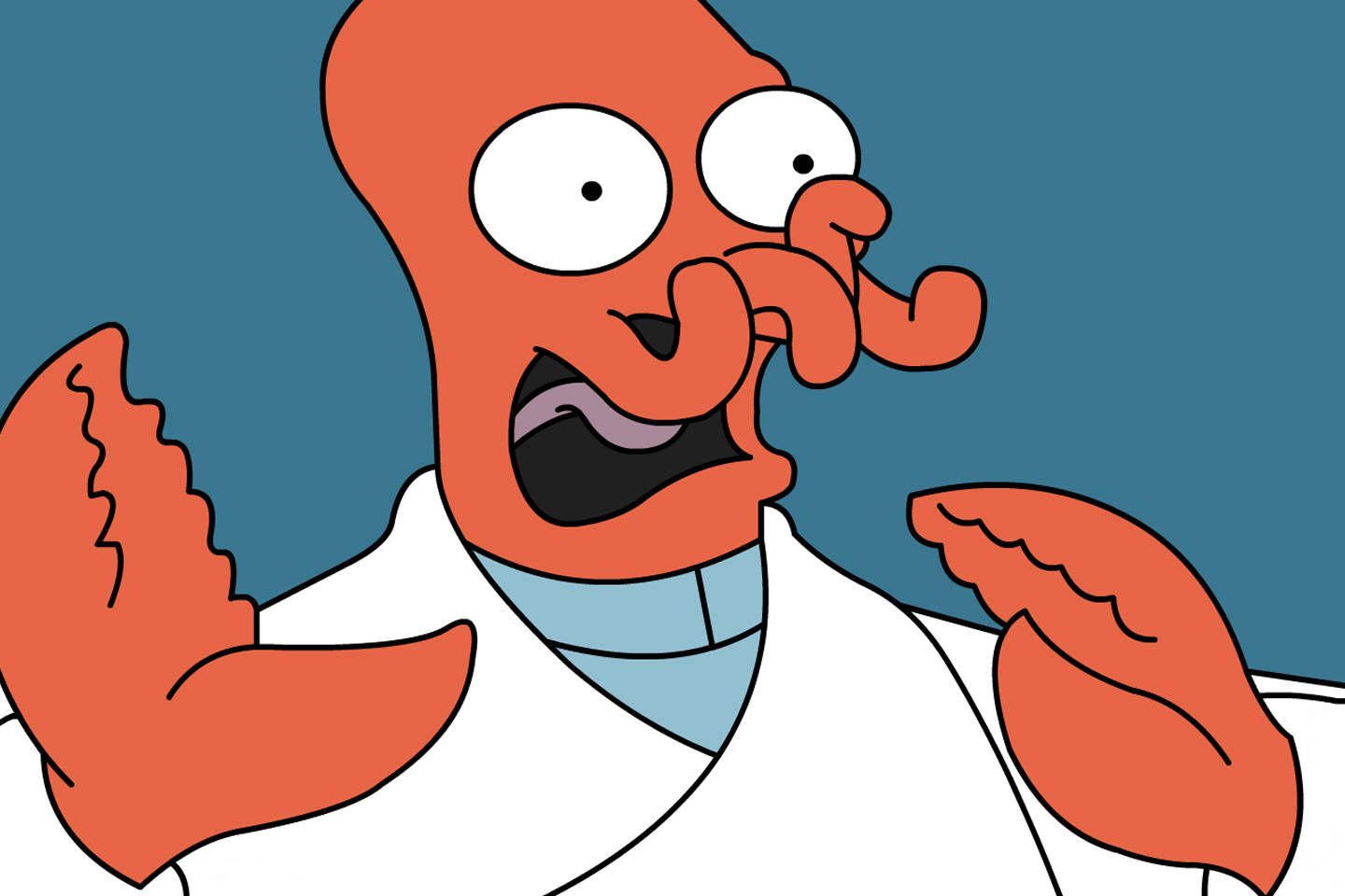 Zoidberg 桌布 壁紙 — 一隻卡通龍蝦穿著白色實驗袍，瞪大眼睛張開嘴巴，背景為青綠色。