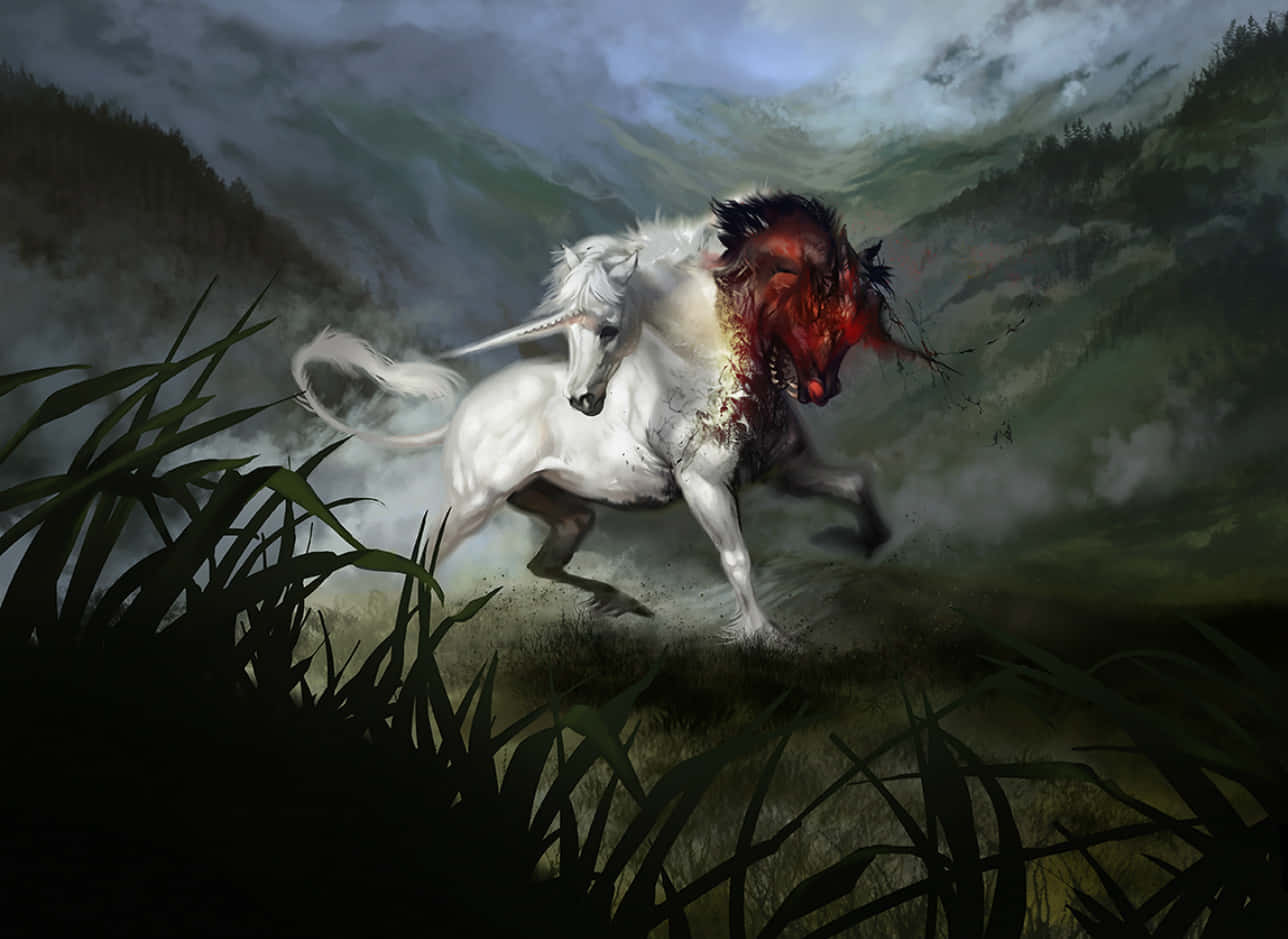 Unicorn Coloring 桌布 壁紙 — 一隻受傷的白色獨角獸，頭部流血，在暴風雨的天空下奔騰穿過霧氣籠罩的山脈和高高的草叢。