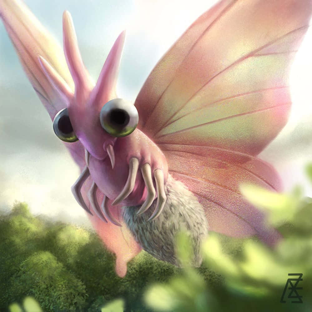 寶可夢 桌布 壁紙 — 一隻古怪的粉紅色生物，有著巨大的眼睛和半透明的翅膀，盤旋在茂密的綠色森林之上。