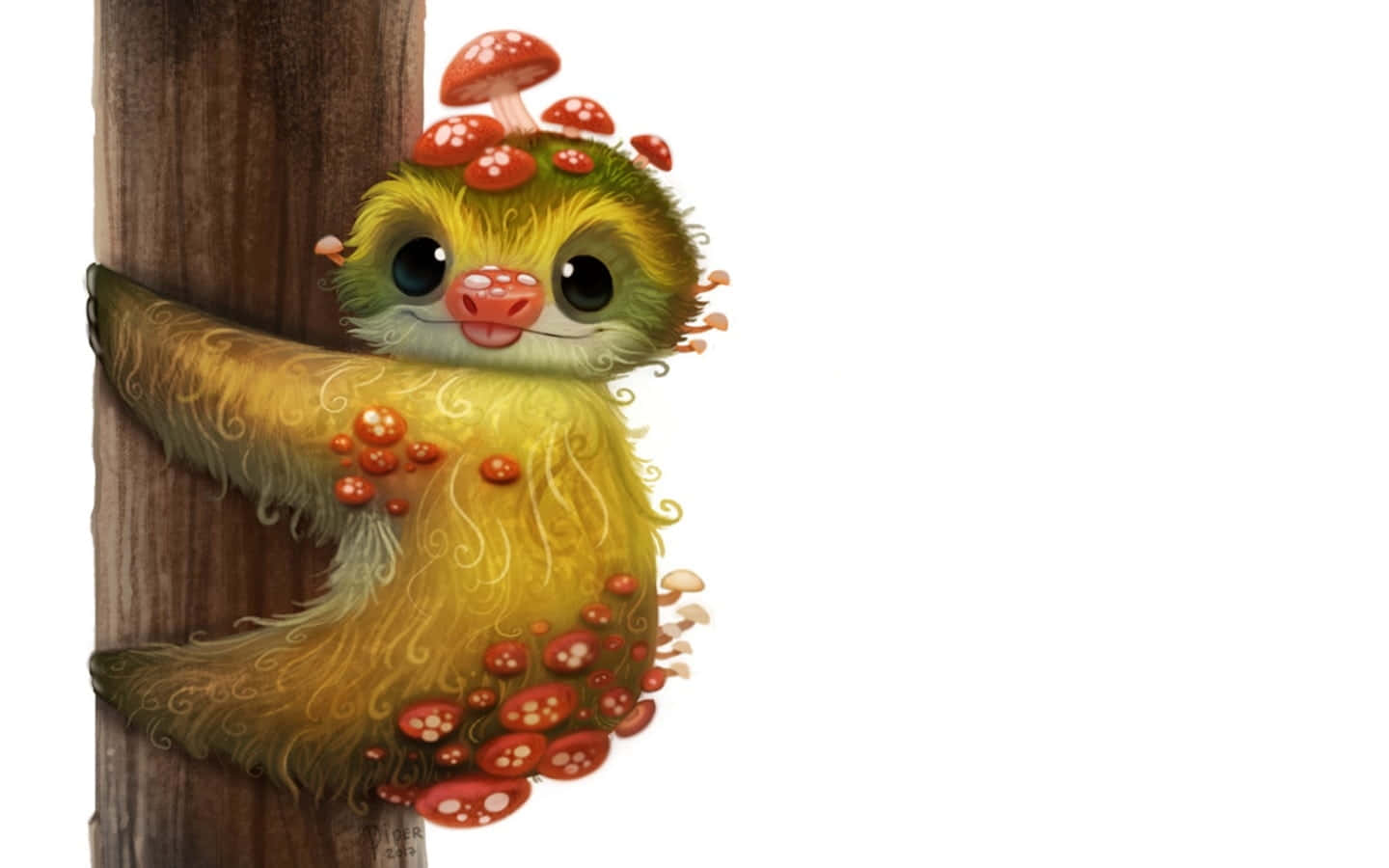 Kawaii Mushroom 桌布 壁紙 — 一隻古怪的黃色生物，毛皮上長著紅色蘑菇，緊抓著白色背景前的木柱。