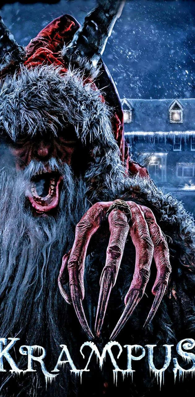 Krampus 桌布 壁紙 — 一隻可怕的Krampus，擁有鋒利的爪子和紅色的眼睛，在夜晚籠罩著一個白雪覆蓋的村莊。