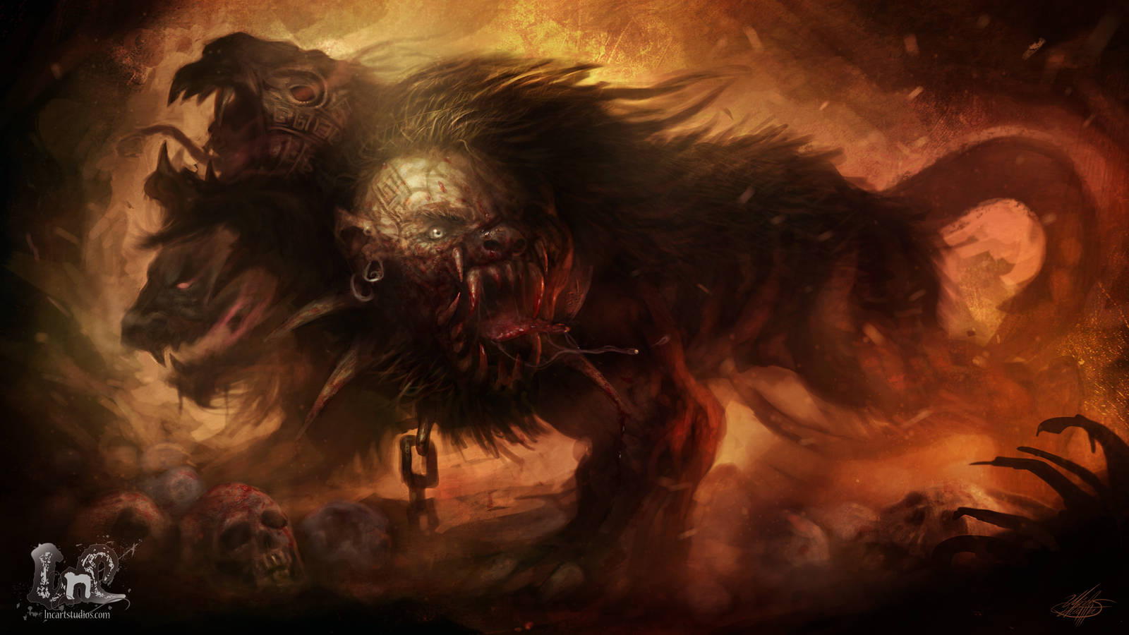 Cerberus 桌布 壁紙 — 一隻可怕的三頭地獄犬，眼睛發光，毛髮尖刺，在頭骨和火橙色的煙霧中咆哮。