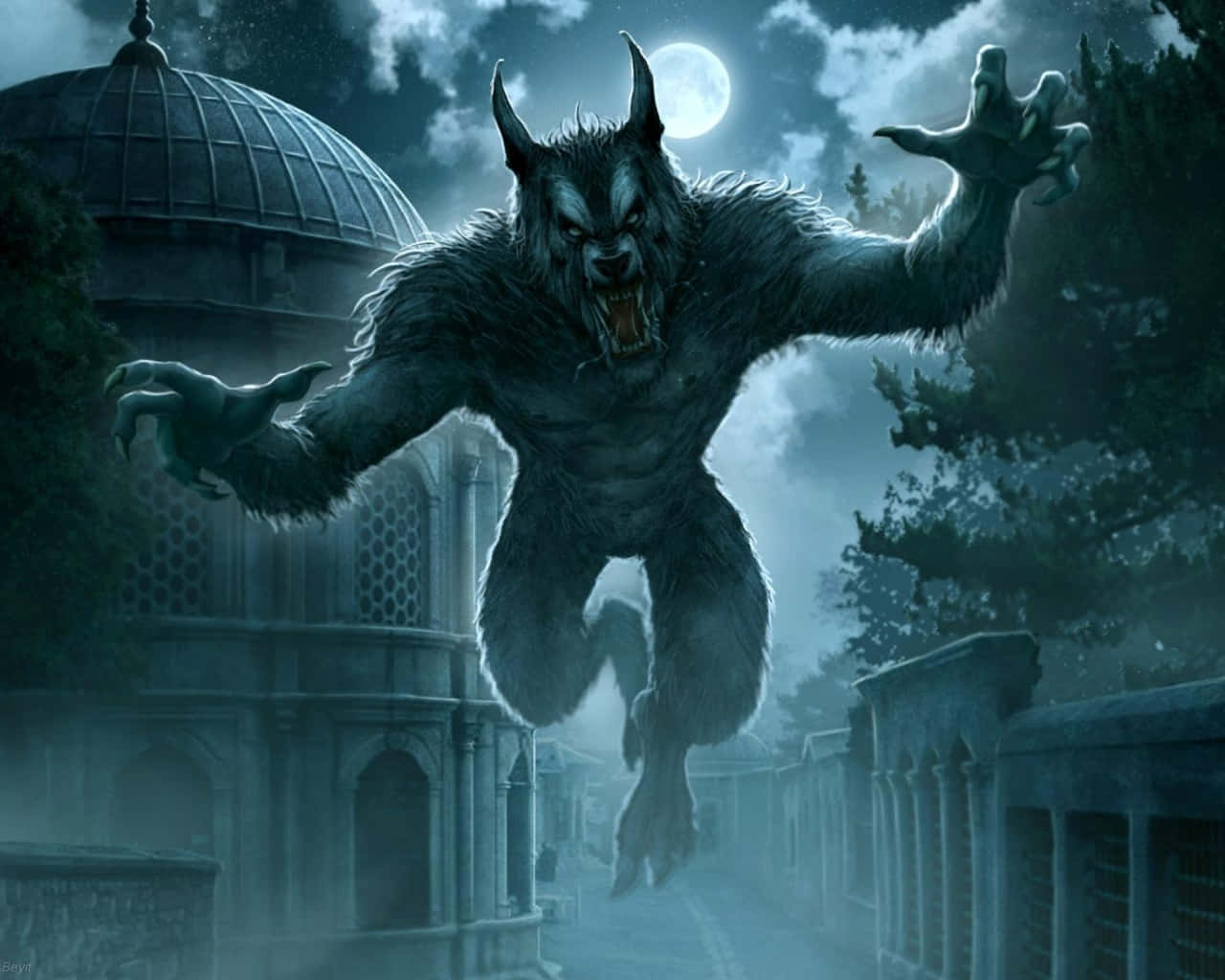 Wolf Attack 桌布 壁紙 — 一隻可怕的狼人在月光照耀的夜晚跳躍，眼睛發光，露出獠牙，背景是哥德式建築。
