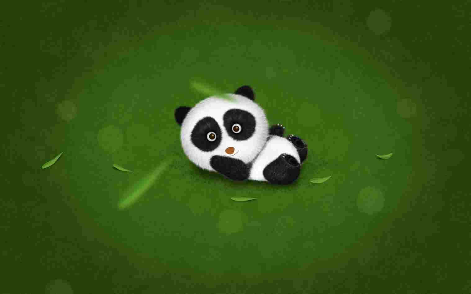 Kawaii Panda 桌布 壁紙 — 一隻可愛毛茸茸的熊貓寶寶蜷縮在柔軟的綠色背景上，周圍有散落的樹葉和發光的散景燈光。