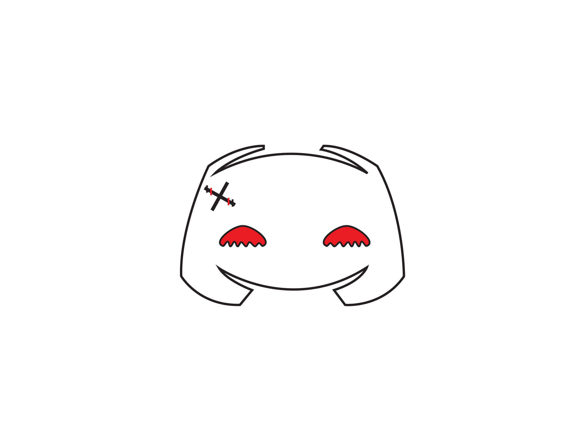Discord 桌布 壁紙 — 一隻可愛白色生物的極簡線條插圖，有紅色眼睛，一隻眼睛上有縫合的X。