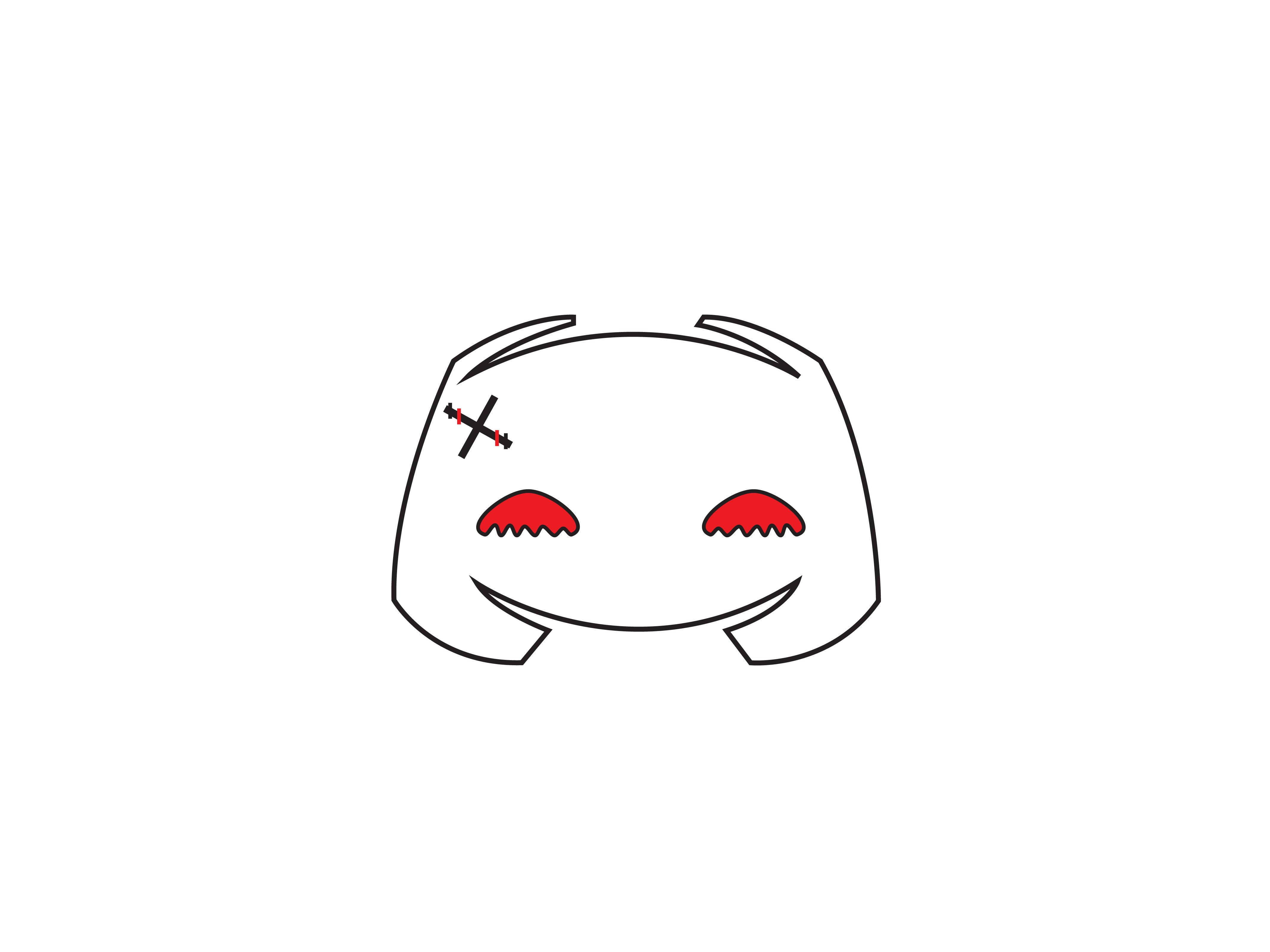 Discord 桌布 壁紙 — 一隻可愛白色生物的極簡線條插圖，有紅色眼睛和一個縫在一隻眼睛上的X。