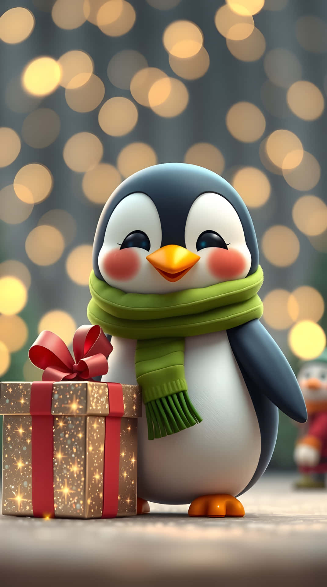 Adorable Penguin in Green Scarf Holding Glittery Gift Box Christmas Wallpaper 壁紙 — 一隻可愛的3D渲染企鵝，戴著綠色圍巾，站在一個閃閃發光的禮物盒旁邊，禮物盒上有紅色蝴蝶結，背景是溫暖燈光的散景效果。