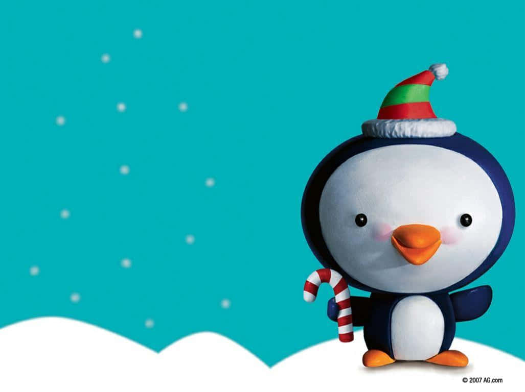 小企鵝 桌布 壁紙 — 一隻可愛的3D渲染企鵝戴著節日帽子，在飄雪的青綠色天空下拿著一根拐杖糖。