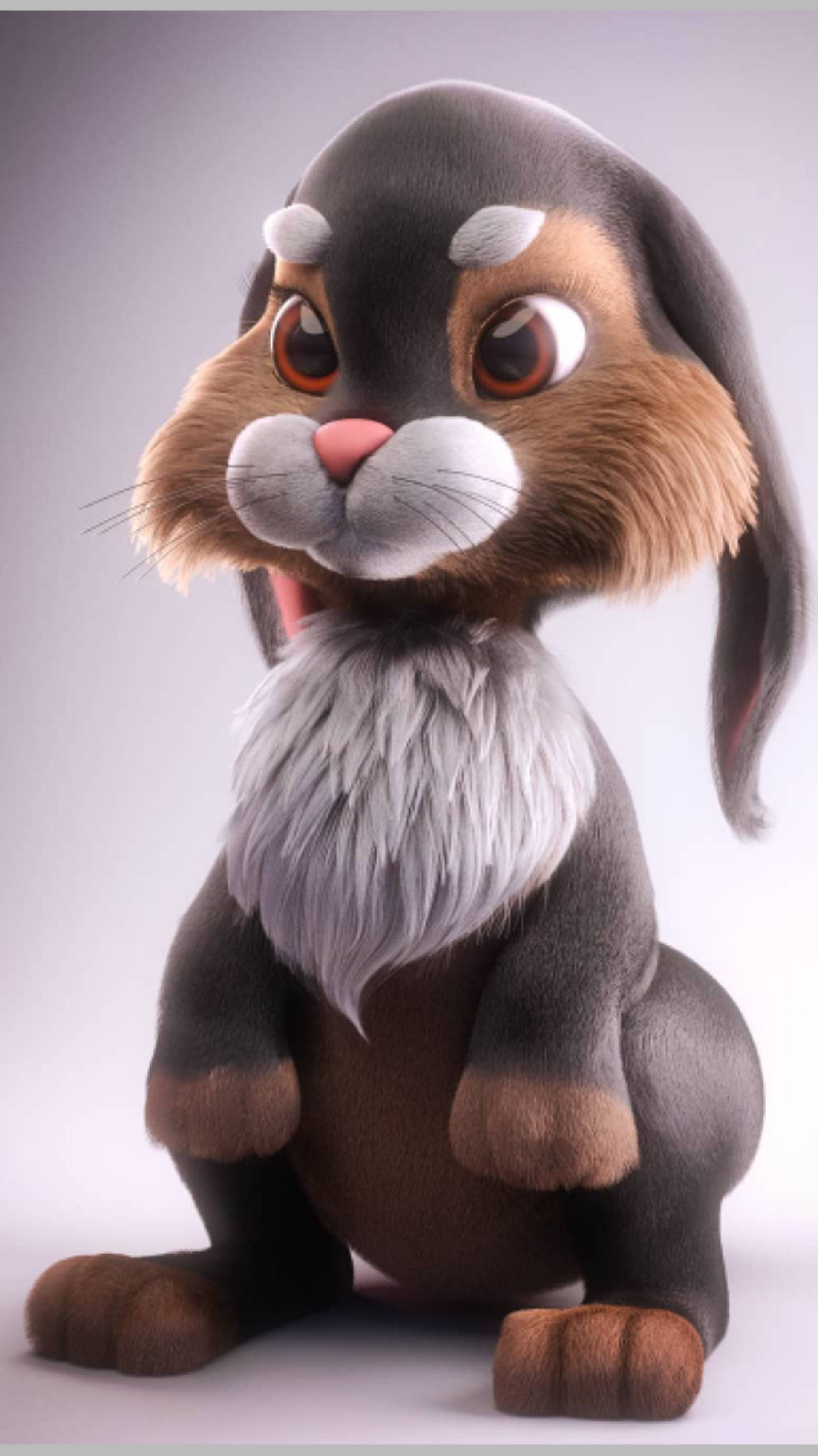 Cute Bunny 桌布 壁紙 — 一隻可愛的3D渲染兔子，擁有蓬鬆的灰色和棕色毛髮，在純灰色背景上直立坐著。