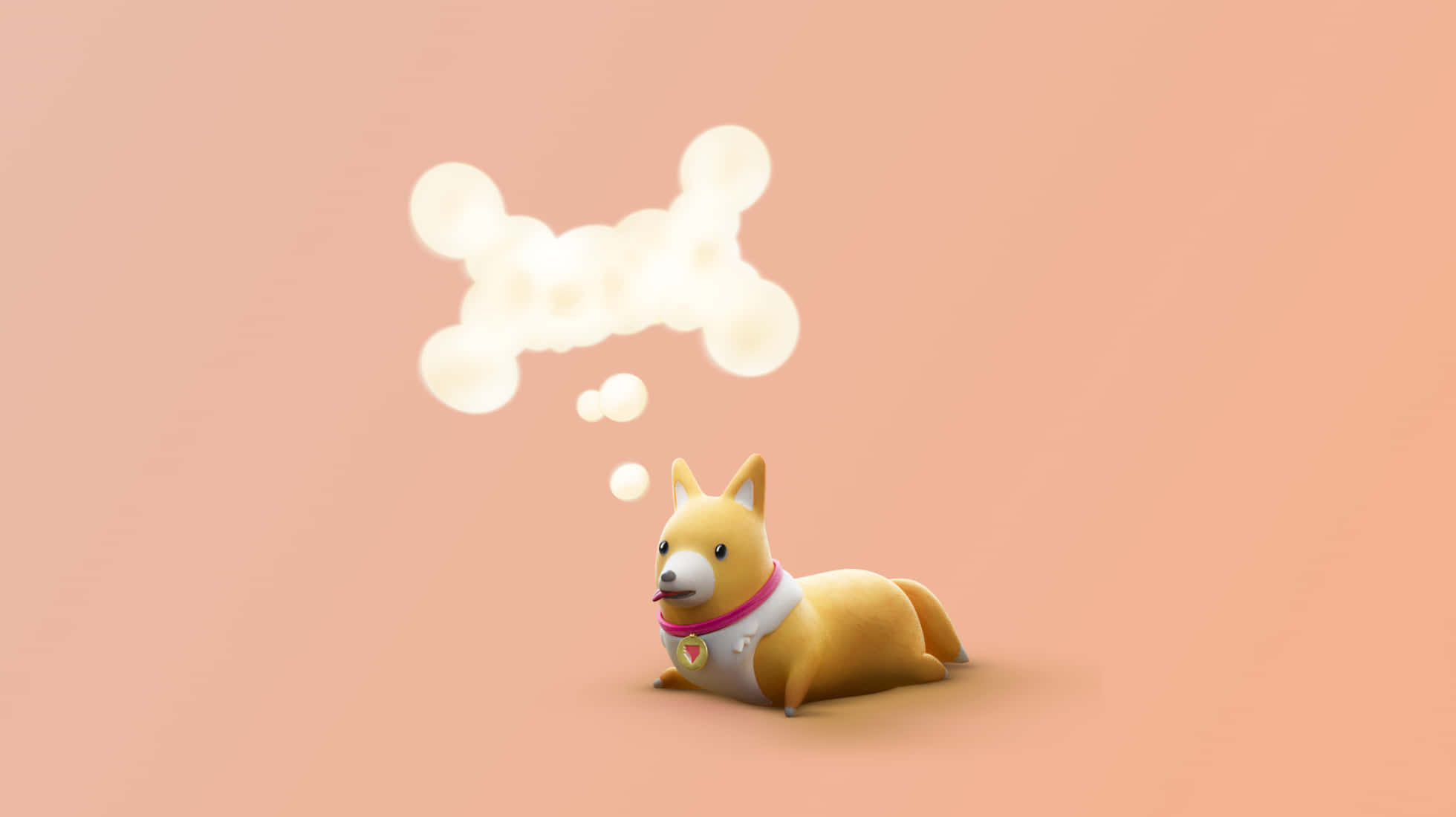 Cute Cartoon Dog 桌布 壁紙 — 一隻可愛的3D渲染柯基犬，穿著白色背心和粉紅色項圈，躺在柔軟的桃色背景上，頭頂有一個發光的骨頭形狀的對話氣泡。
