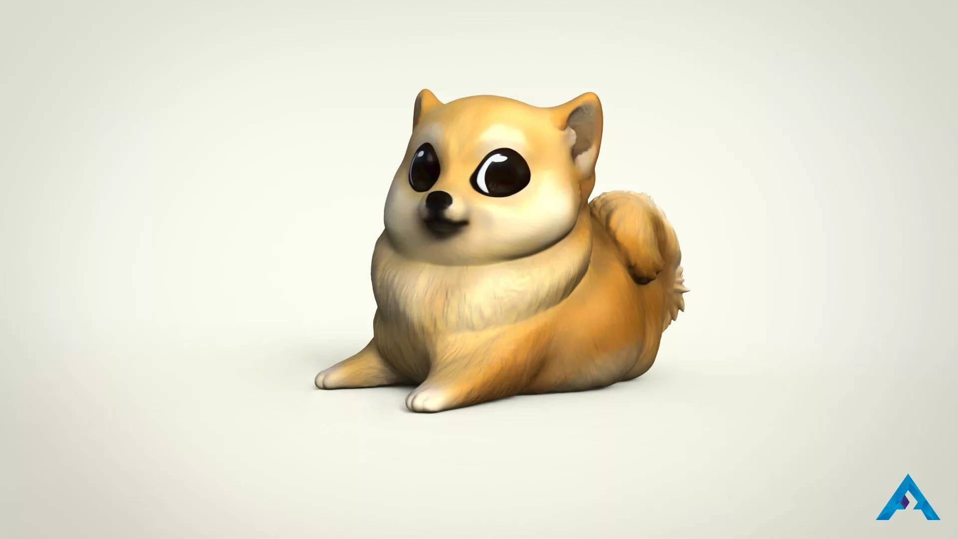 meme 桌布 壁紙 — 一隻可愛的3D渲染柴犬幼犬，大眼睛，平靜地坐在純淺灰色背景上。