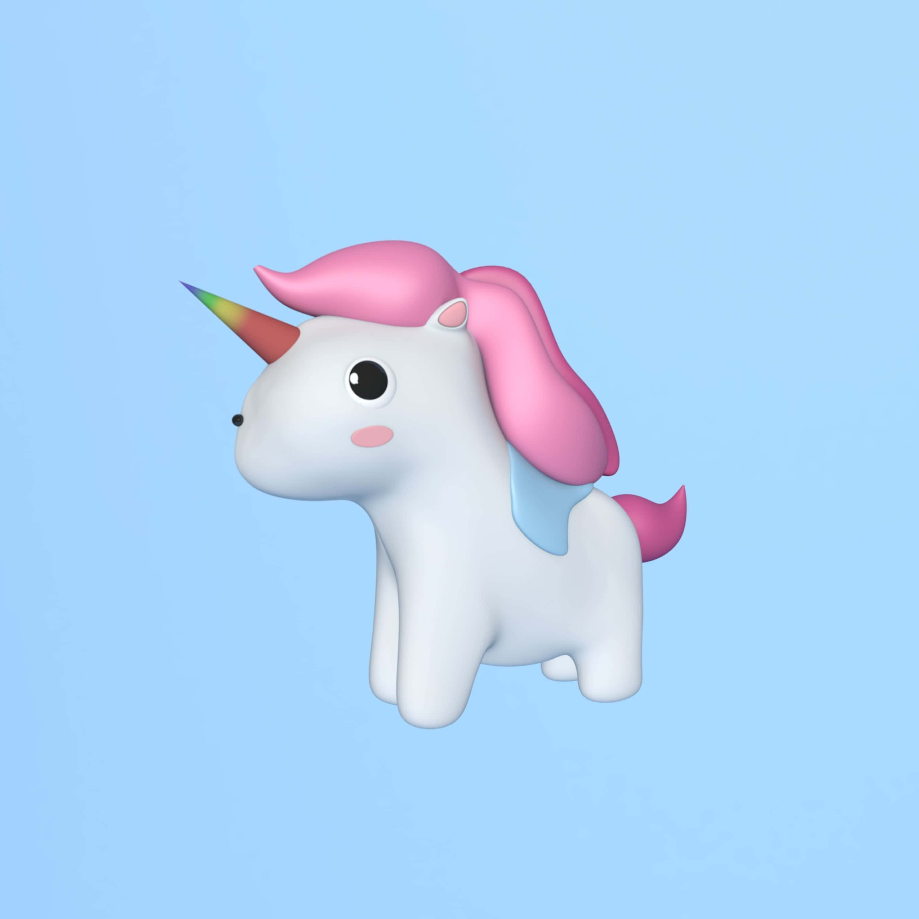 3d Unicorn 桌布 壁紙 — 一隻可愛的3D渲染白色獨角獸，帶有粉紅色鬃毛和彩虹角，漂浮在柔和的藍色背景上。