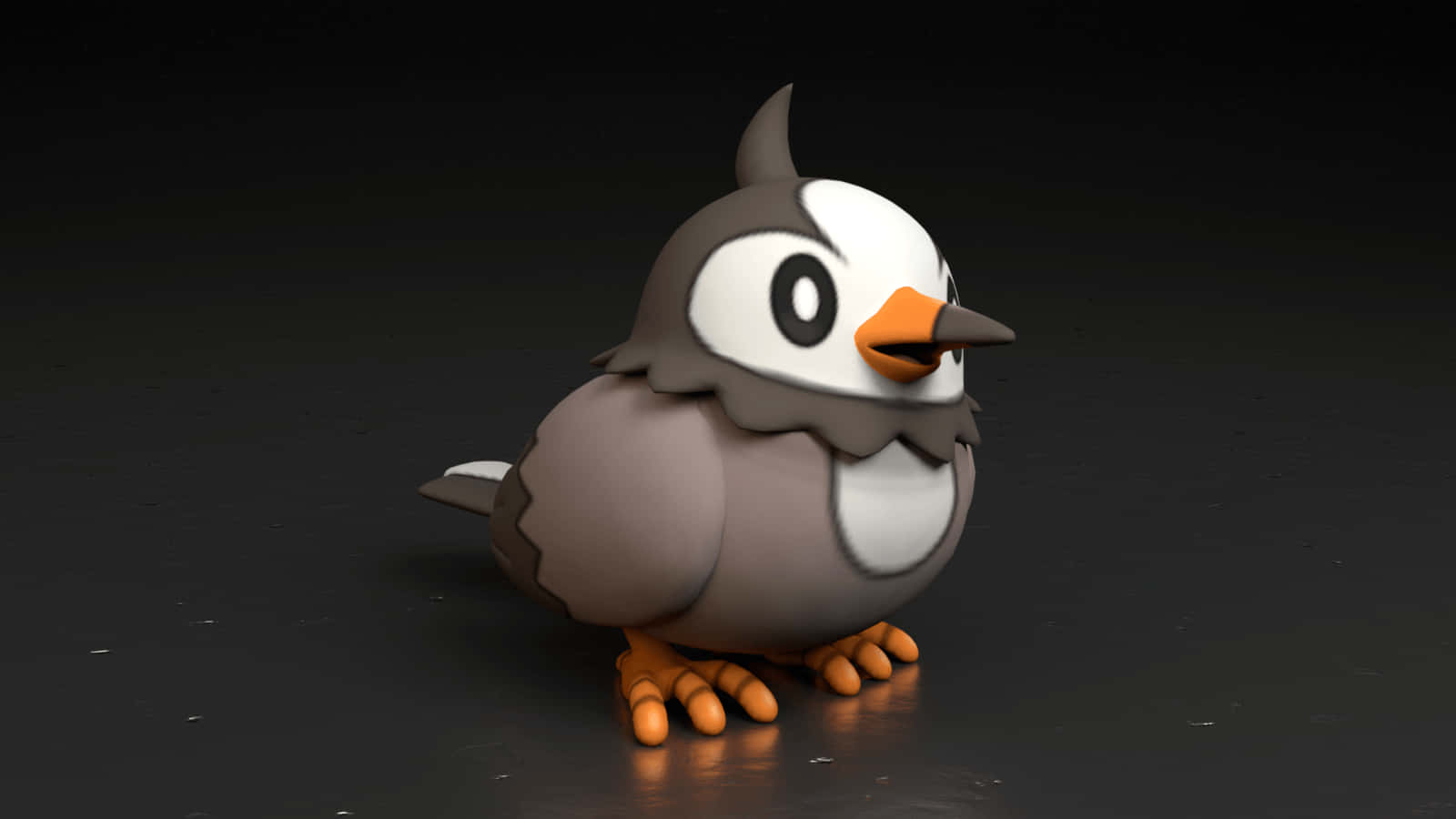 寶可夢 桌布 壁紙 — 一隻可愛的3D渲染鳥，有灰色和白色的羽毛、橙色的喙和腳，站在深色反光表面上。