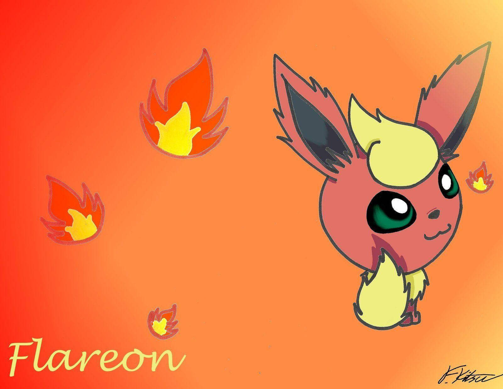 藝術 桌布 壁紙 — 一隻可愛的Flareon，擁有綠色眼睛和黃色火焰簇，坐在溫暖的橙色漸變背景前，背景有漂浮的火焰圖案。